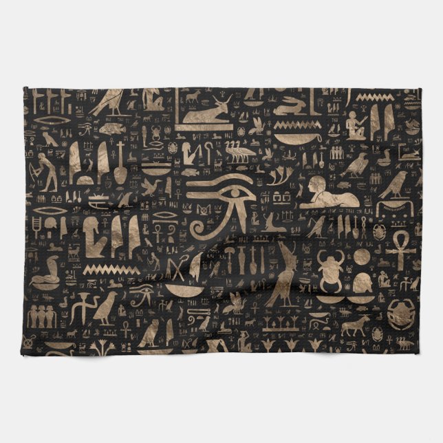 Ancient Egyptian hieroglyphs - Black and gold Kitchen Towel (Horizontal)