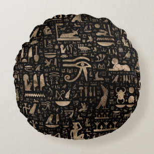 Ancient Egyptian hieroglyphs - Black and gold Round Pillow