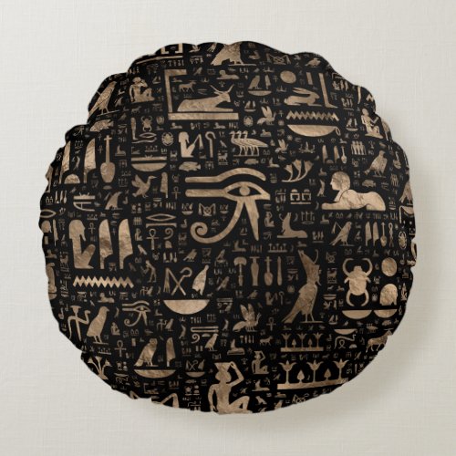 Ancient Egyptian hieroglyphs _ Black and gold Round Pillow