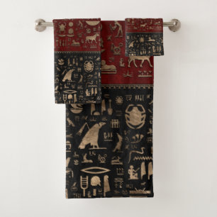 Ancient Egyptian hieroglyphs - Black Red Leather Bath Towel Set