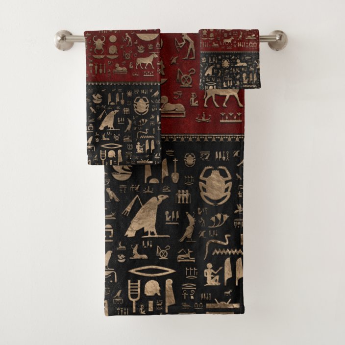 Ancient Egyptian hieroglyphs Black Red Leather Bath Towel Set