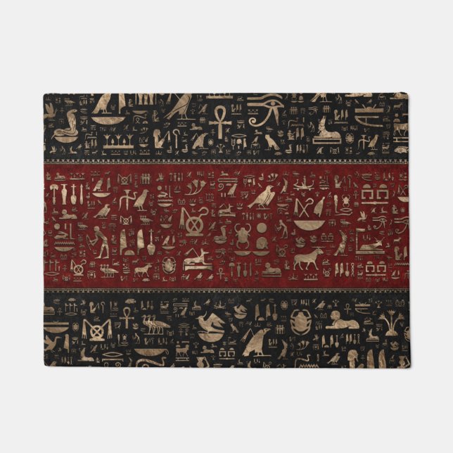 Ancient Egyptian hieroglyphs - Black Red Leather Doormat (Front)