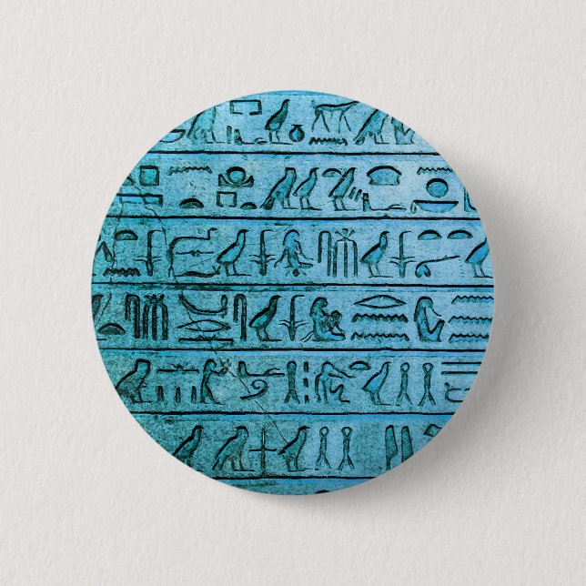 Ancient Egyptian Hieroglyphs Blue Button (Front)