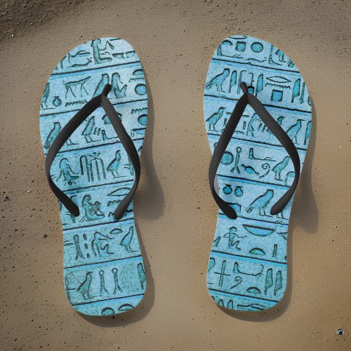 Ancient Egyptian Hieroglyphs Blue Flip Flops