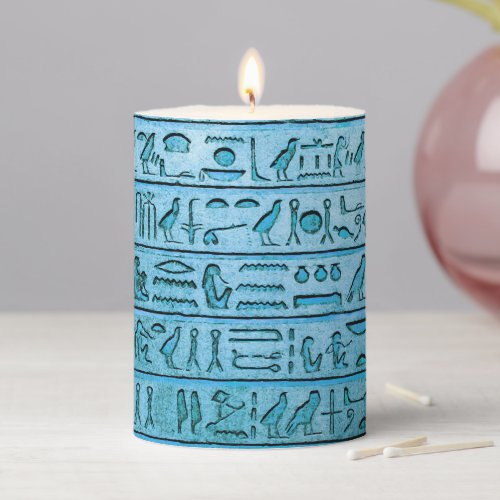 Ancient Egyptian Hieroglyphs Blue Pillar Candle