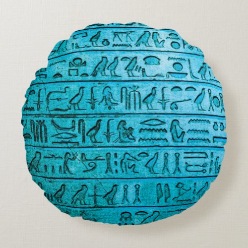 Ancient Egyptian Hieroglyphs Blue Round Pillow