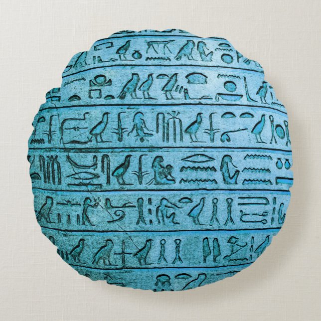 Ancient Egyptian Hieroglyphs Blue Round Pillow (Front)