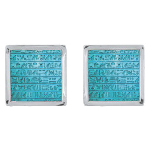 Ancient Egyptian Hieroglyphs Blue Silver Cufflinks