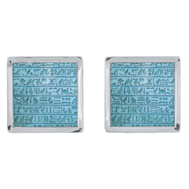 Ancient Egyptian Hieroglyphs Blue Silver Cufflinks (Front)