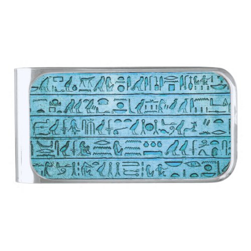 Ancient Egyptian Hieroglyphs Blue Silver Finish Money Clip