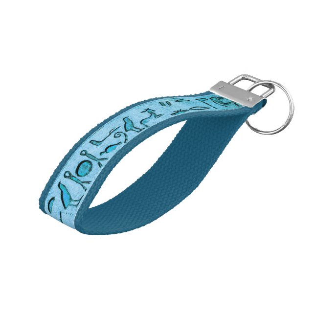 Ancient Egyptian Hieroglyphs Blue Wrist Keychain (Angled Up)