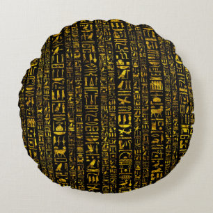 Ancient Egyptian hieroglyphs gold and black color  Round Pillow