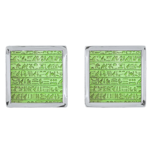 Ancient Egyptian Hieroglyphs Green Silver Cufflinks (Front)