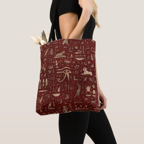 Ancient Egyptian hieroglyphs Red Leather and gold Tote Bag