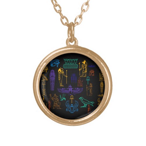 Ancient Egyptian Hieroglyphs  Symbols Gold Plated Necklace