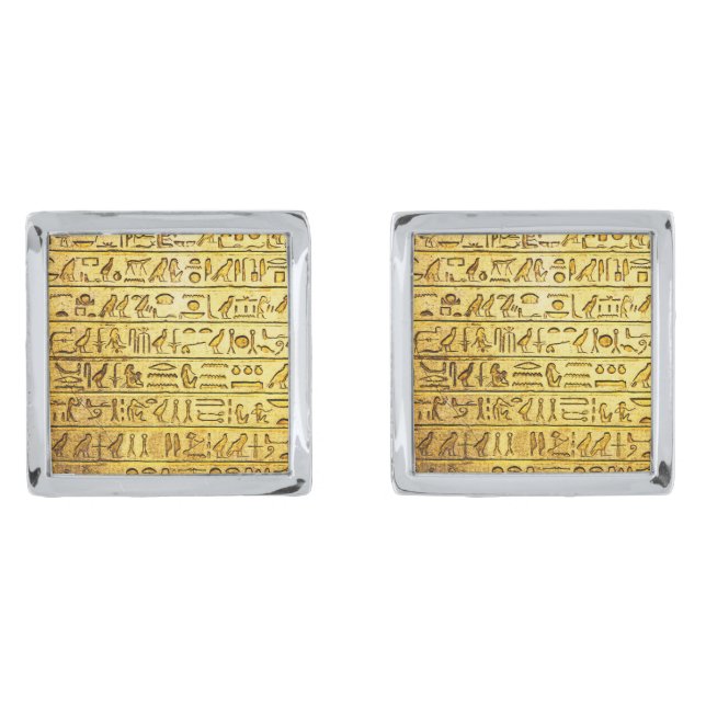 Ancient Egyptian Hieroglyphs Yellow Silver Cufflinks (Front)