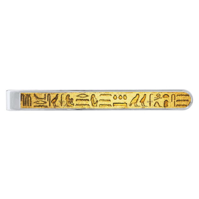 Ancient Egyptian Hieroglyphs Yellow Silver Finish Tie Clip (Front)