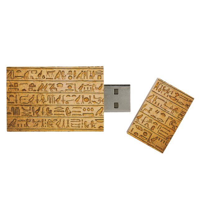 Ancient Egyptian Hieroglyphs Yellow Wood USB Flash Drive (Opened)