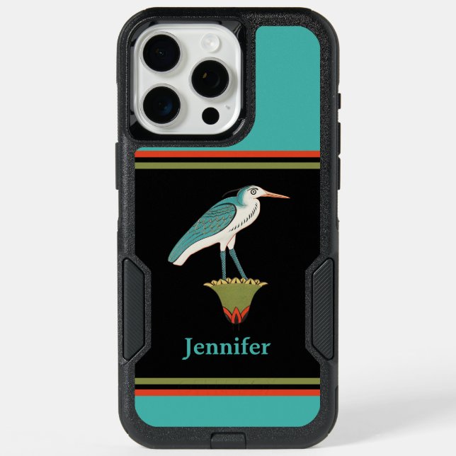 Ancient Egyptian Painted Bird in Olive Orange Blue iPhone 15 Pro Max Case (Back)