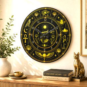Ancient Egyptian Symbols Black Gold Pattern Luxury Large Clock