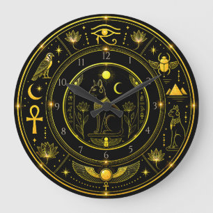Ancient Egyptian Symbols Black Gold Pattern Luxury Large Clock