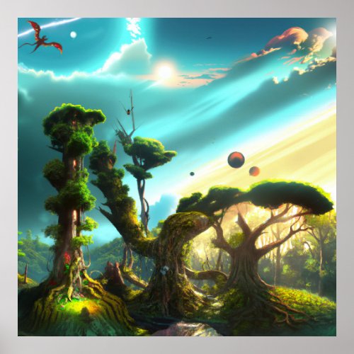 Ancient Elven Oaks Enchanted Skyward Dance Unfold Poster