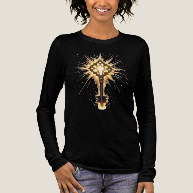 Ancient Fantasy Key with Magical Light – Radiant E Tri-Blend Shirt (Front)