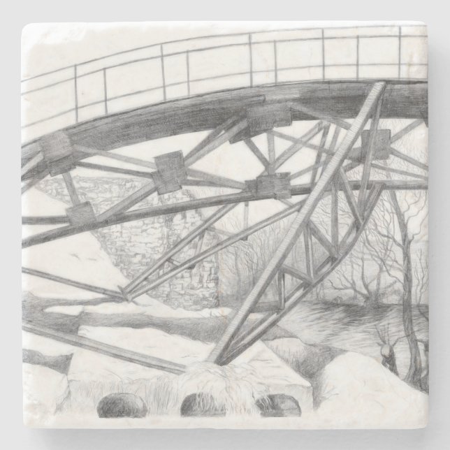Ancient footbridge. Pencil drawing. Stone Coaster (Front)