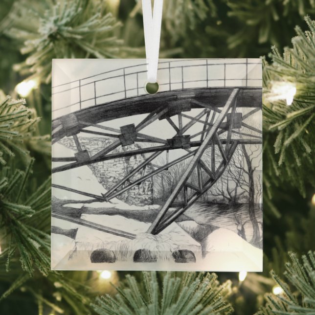 Ancient footbridge pencilart Monochrome Glass Ornament (Insitu)