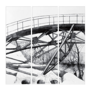 Ancient footbridge pencilart Monochrome Triptych