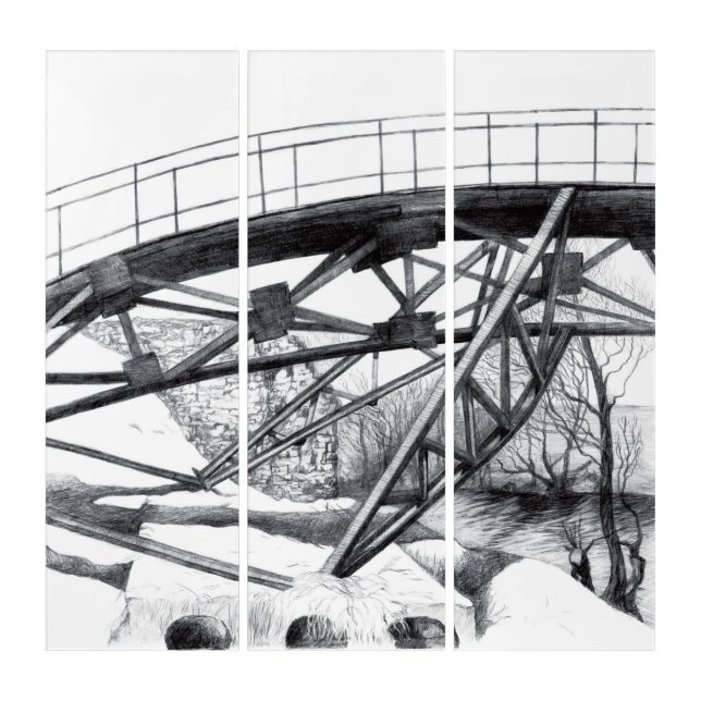 Ancient footbridge pencilart Monochrome Triptych (Front)
