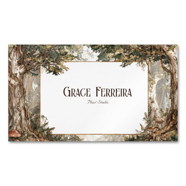 Ancient Forest Gnarled Tree Rustic Gold Frame Business Card Magnet (Front)