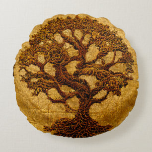 Ancient Gold Brown Rustic Tree of LIfe by kedoki Round Pillow