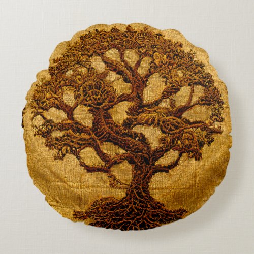 Ancient Gold  Brown Rustic Tree of LIfe by kedoki  Round Pillow