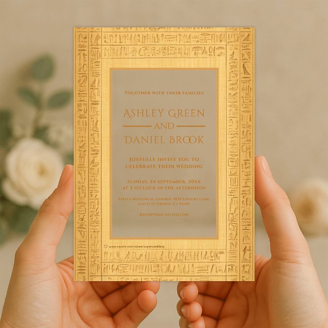 Ancient Gold Hieroglyphic Motifs Egyptian Wedding Acrylic Invitations (Creator Uploaded)