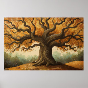 Ancient Golden Oak Autumn Landscape Art Poster