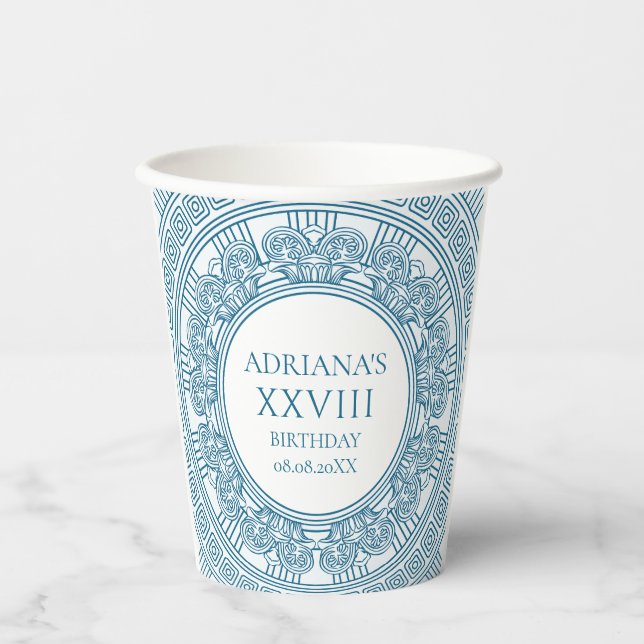 Ancient Greece toga party theme with blue pattern Paper Cups (Front)