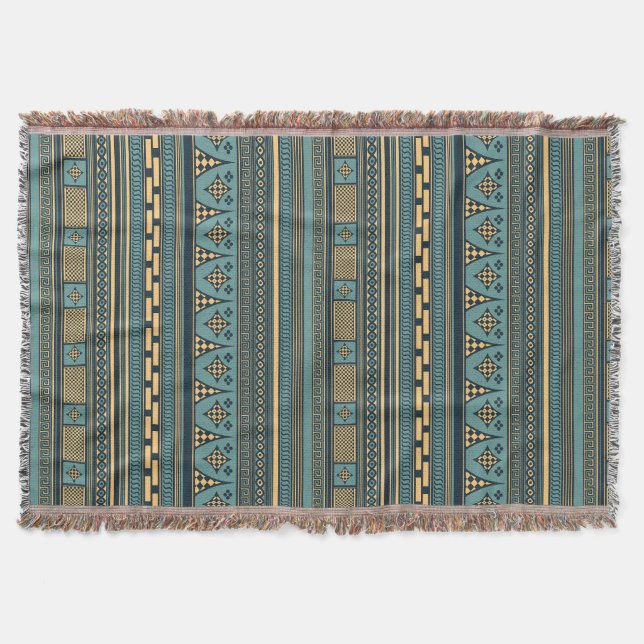 Ancient Greek Blue Geometrical Pattern Throw Blanket (Front)