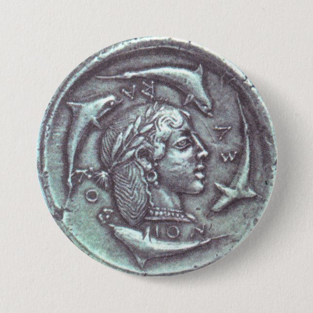 ancient Greek coin dolphins portrait button (Front)