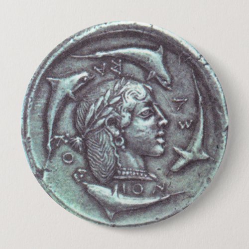 Ancient greek coin dolphins portrait button