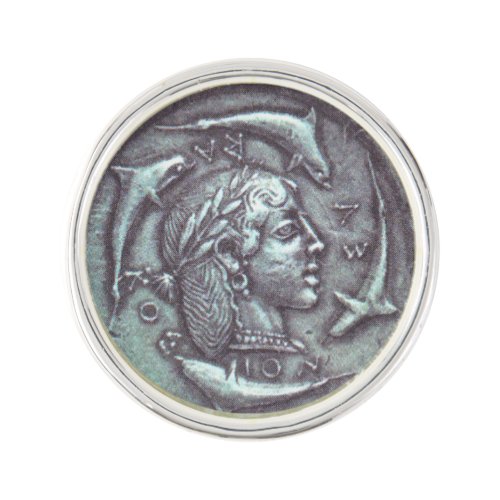 Ancient Greek coin with dolphins pin