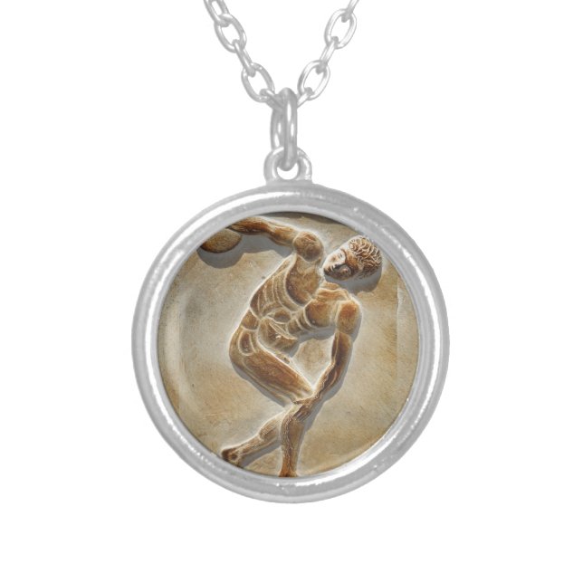 Ancient Greek Discus Thrower -  Discobolus Silver Plated Necklace (Front)