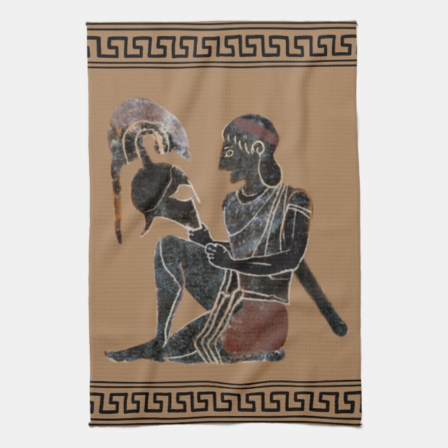 Ancient Greek hoplite looking at his helmet Kitchen Towel (Vertical)