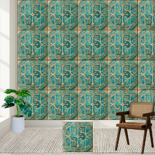 Ancient Greek Key Pattern Tile - Teal and Gold