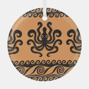 Ancient Greek octopus, wave pattern Glass Ornament