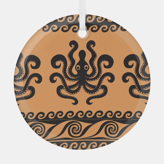 Ancient Greek octopus, wave pattern Glass Ornament (Front)