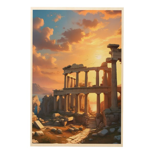 Ancient Greek Ruins at Sunset Wood Wall Art (Front)