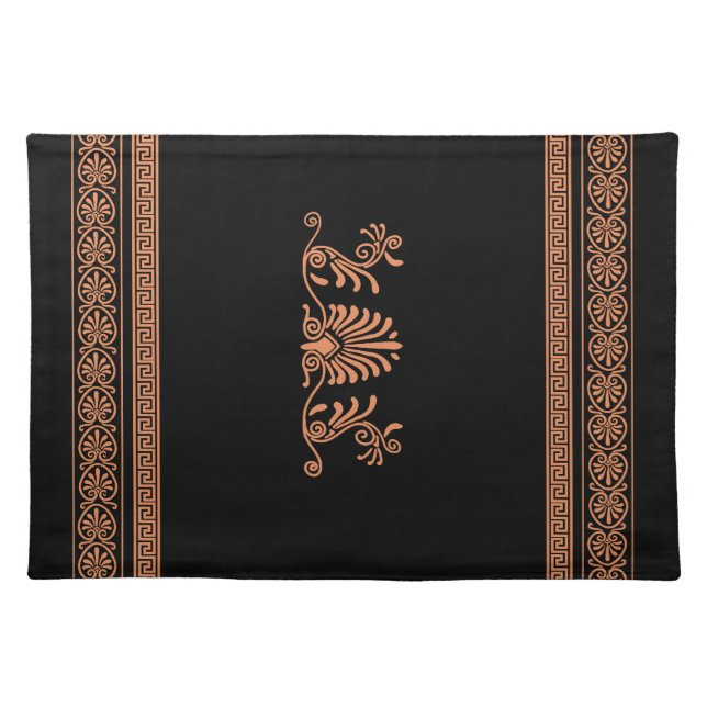 Ancient Greek Style Black and Orange Floral Design Cloth Placemat (Front)