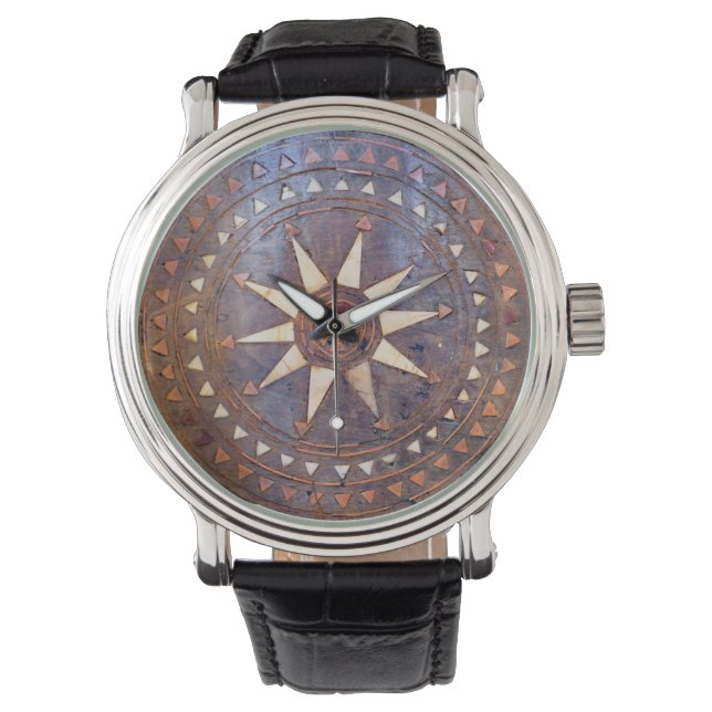 ancient greek symbol wood ethnic sun motif carved watch (Front)