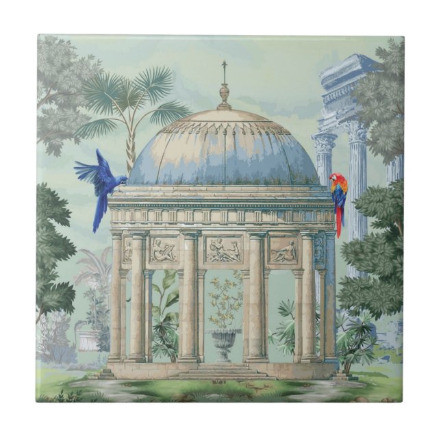 Ancient Greek Temple Garden Macaw Bird Pixie Green Ceramic Tile (Front)